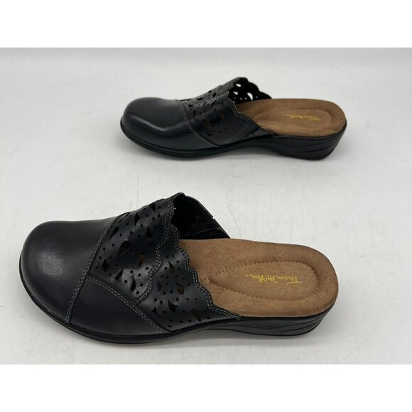 Thom McAn Women's Leather Cut-Out Comfort Wedge Clogs Size 8.5 Black Casual - Picture 4 of 8